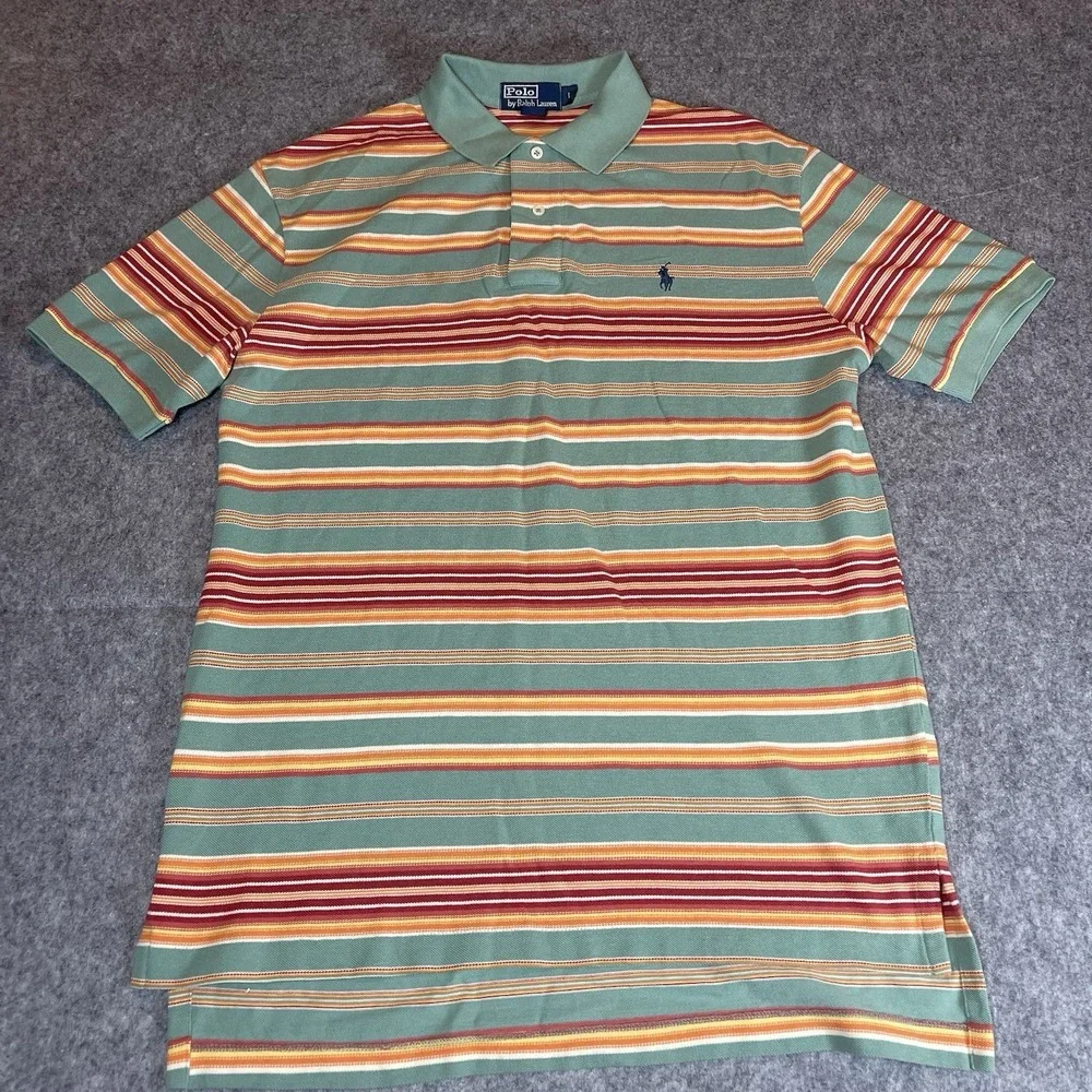 VTG Polo Ralph Lauren Striped Shirt Mens XL Green Orange Sunset Cotton Slit Hem